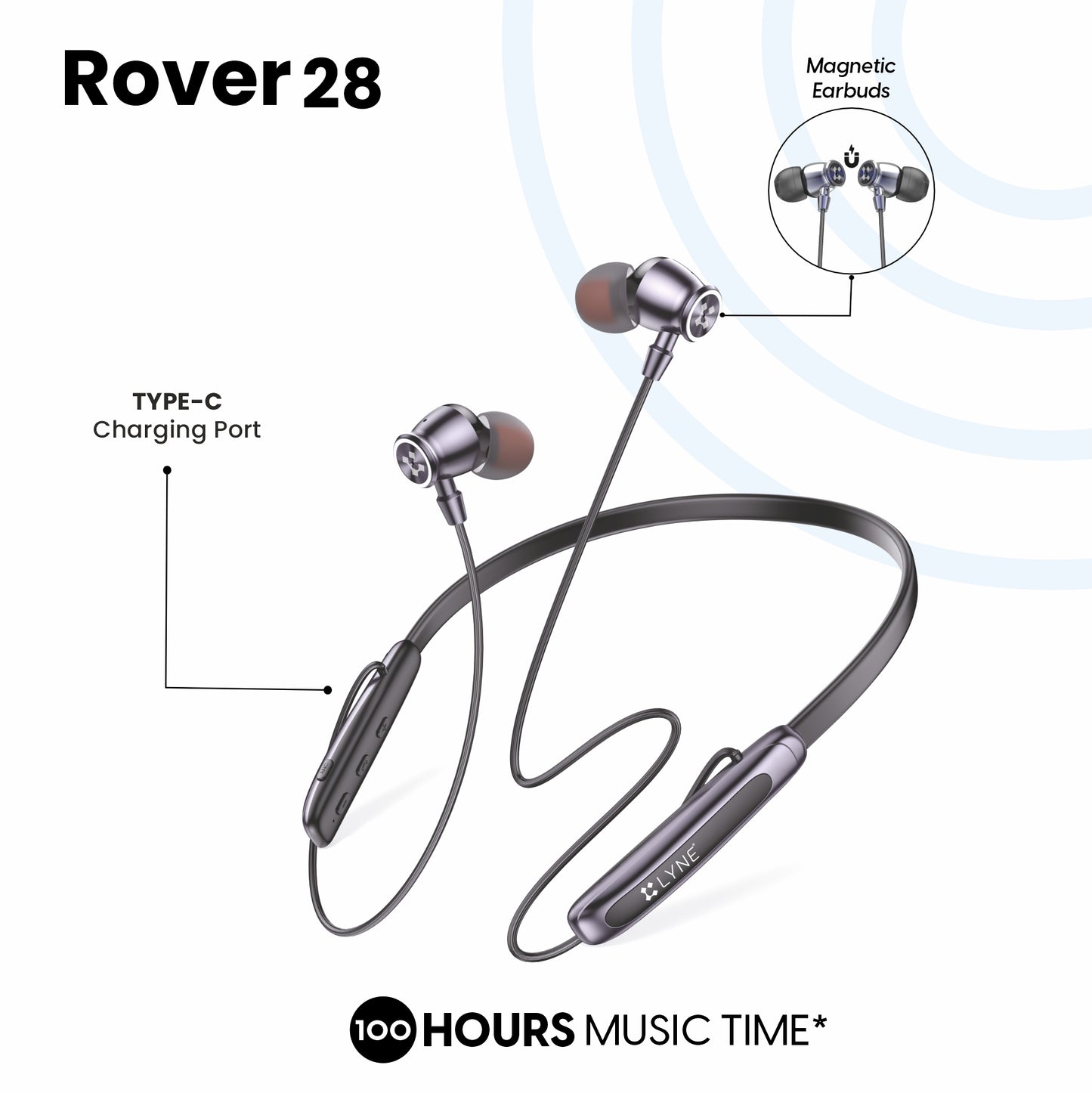 LYNE Rover 28 100 Hours Music Time Bluetooth Neckband with ANC and Gaming Mode
