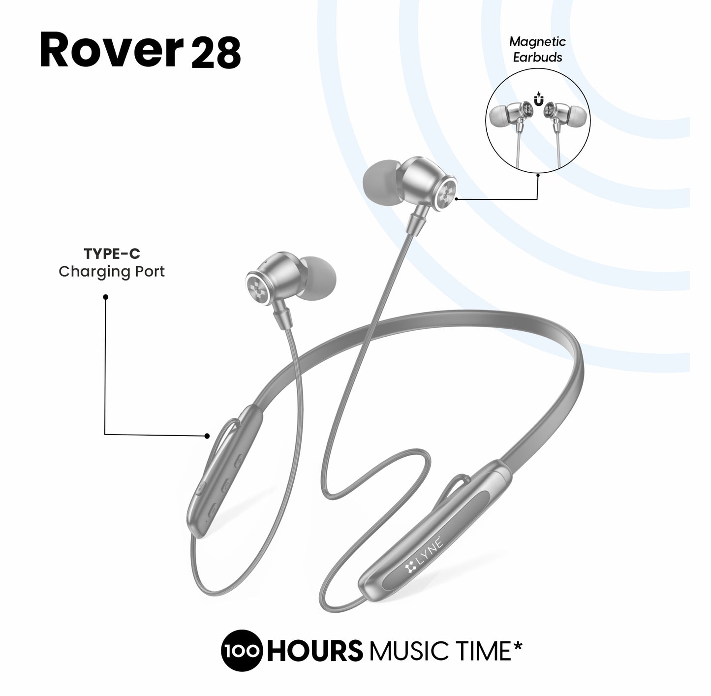 LYNE Rover 28 100 Hours Music Time Bluetooth Neckband with ANC and Gaming Mode