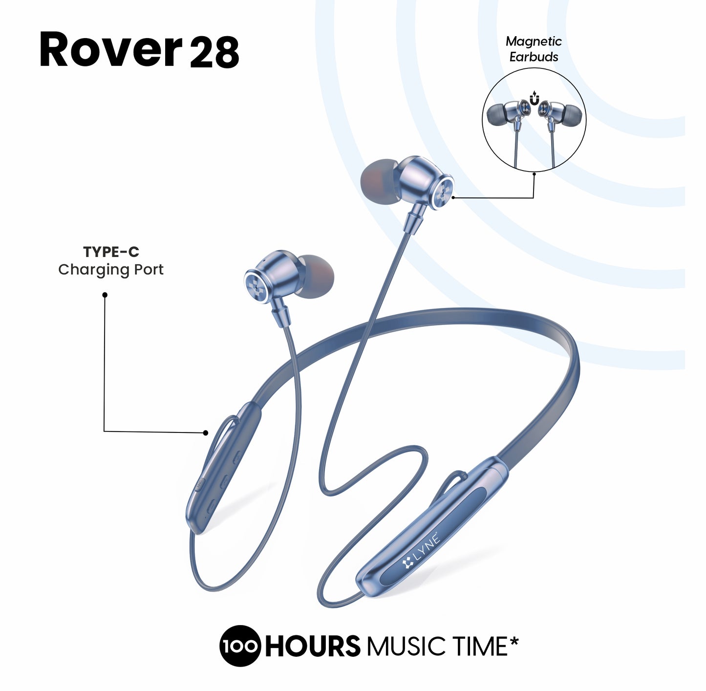 LYNE Rover 28 100 Hours Music Time Bluetooth Neckband with ANC and Gaming Mode