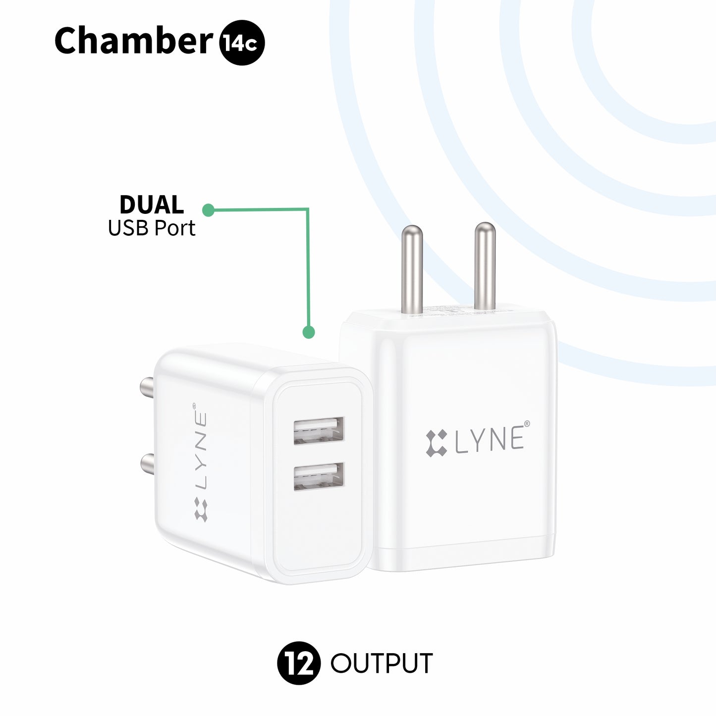 LYNE Chamber 14c  12W Output With Type-C Cable, Dual USB Port