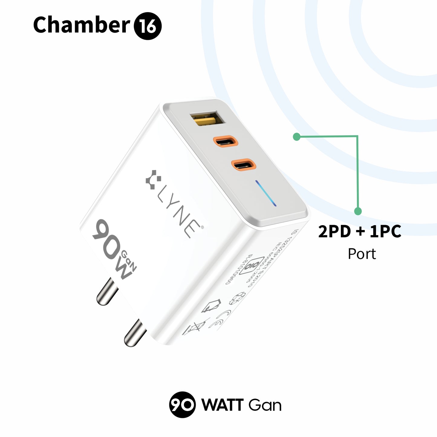 LYNE Chamber 16  90W GaN Technology, 2 PD + 1 QC Port, LED Indicator with Type-C to Type-C cable