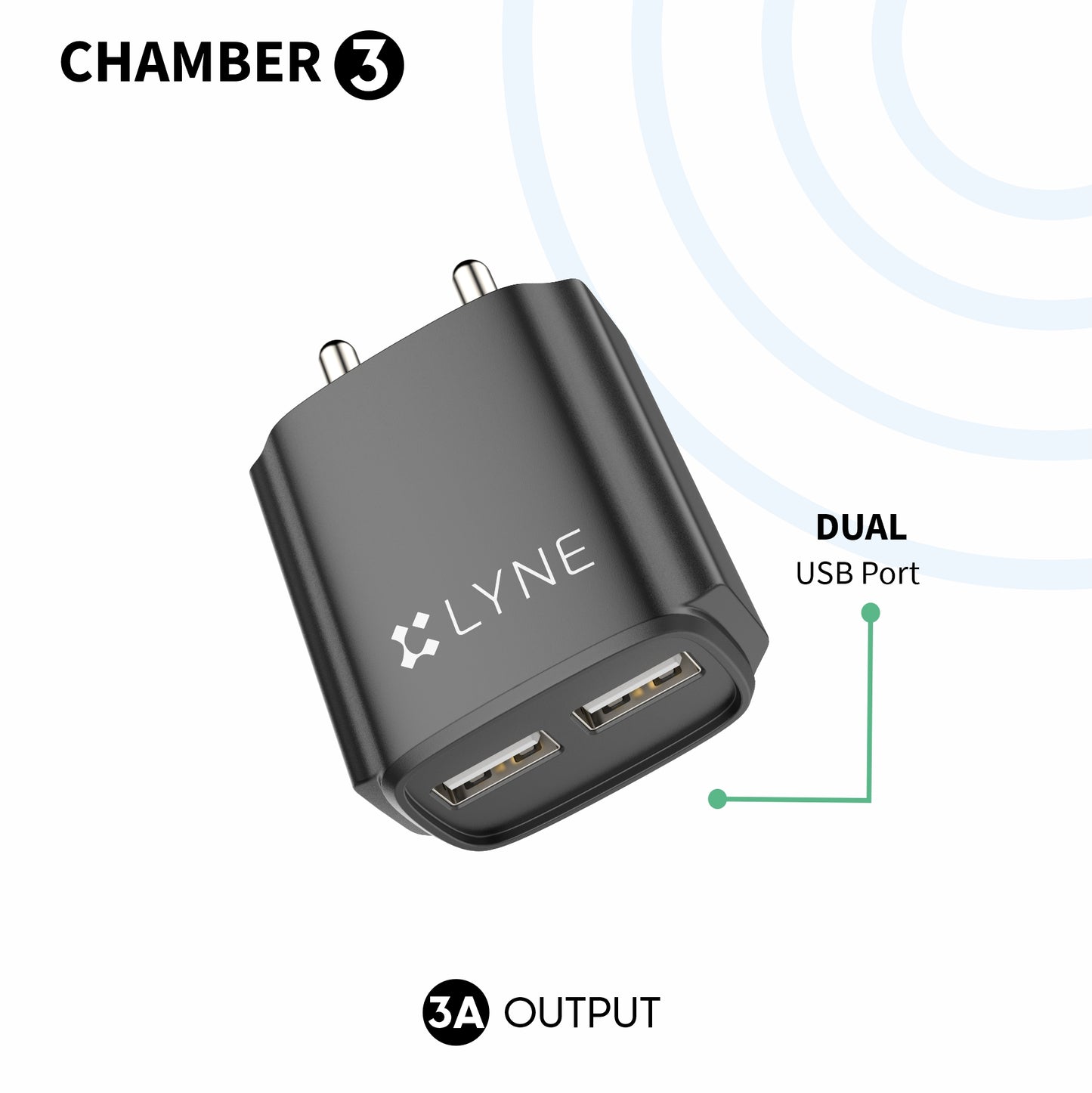LYNE Chamber 3 3A Output, Dual USB Port with Cable
