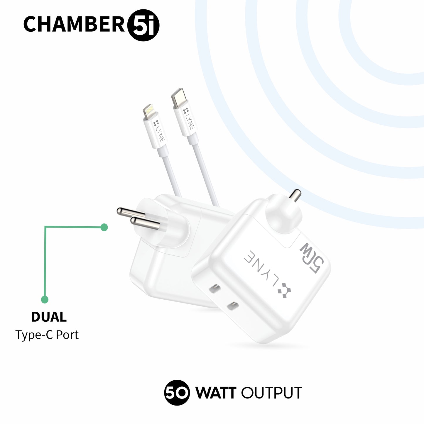 LYNE Chamber 5i  50W Output, Auto Cut Off, Dual Type-C Port With Type-C to Lightning Cable