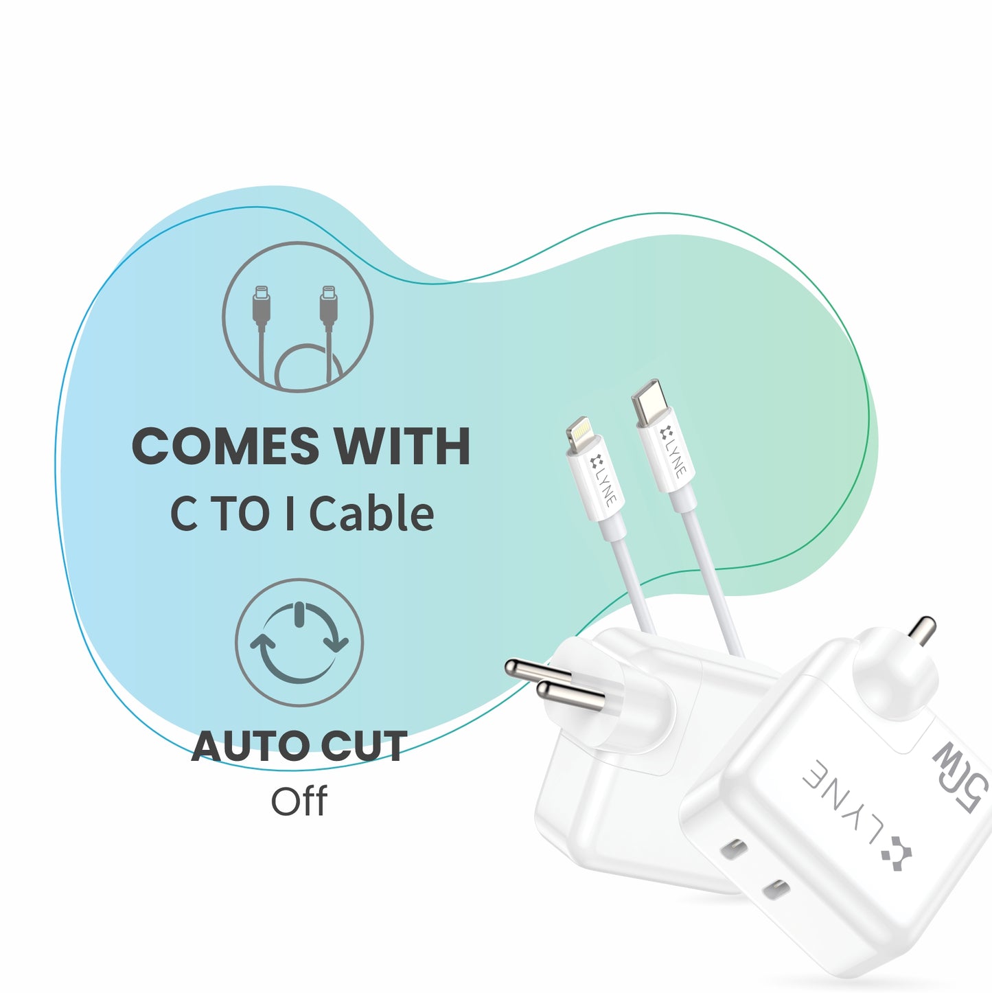 LYNE Chamber 5i  50W Output, Auto Cut Off, Dual Type-C Port With Type-C to Lightning Cable