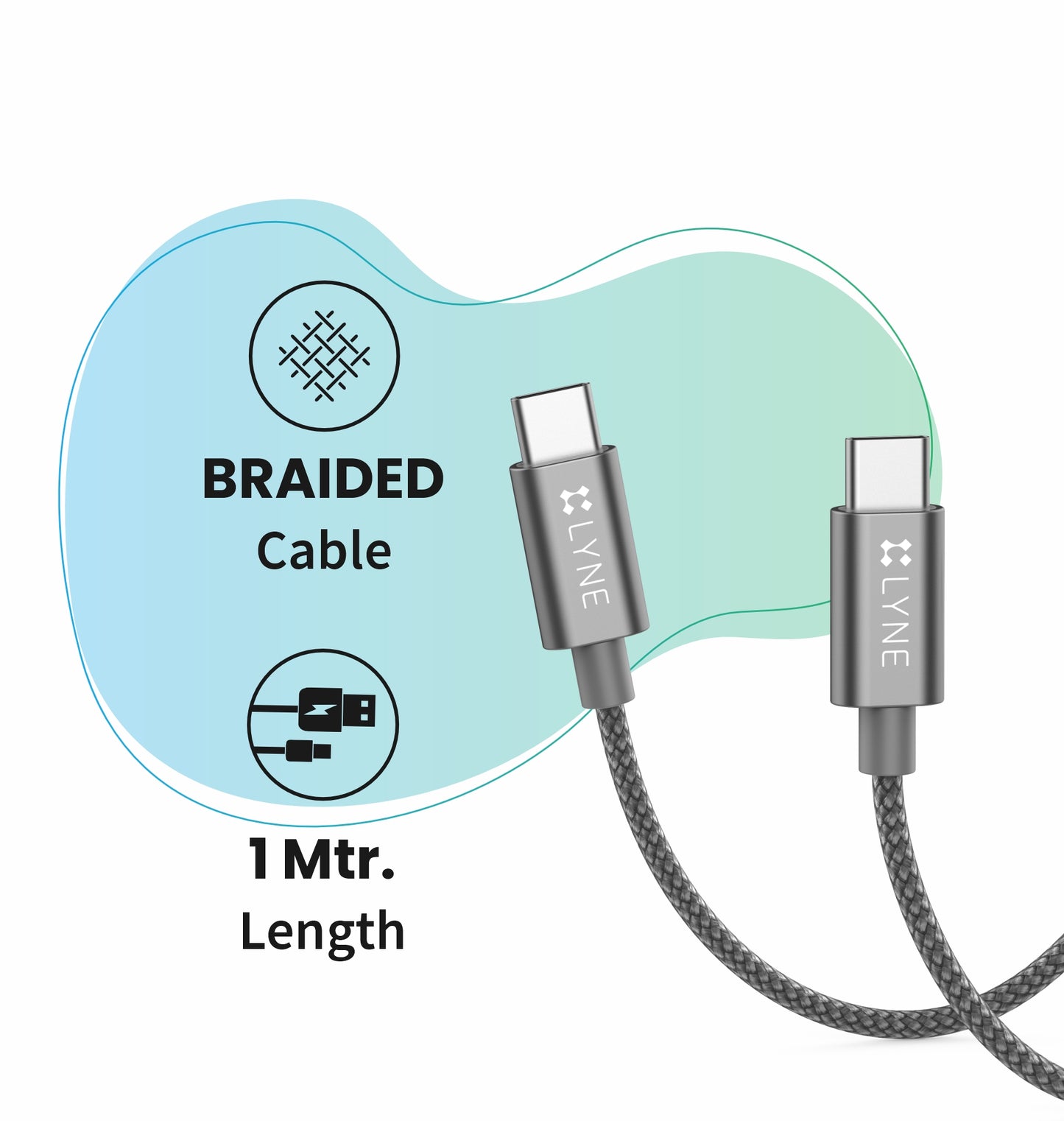 LYNE Flexy 7  22W Output, 1 m, Type-C High Quality Braided Data Cable with 50k+ Bend Test