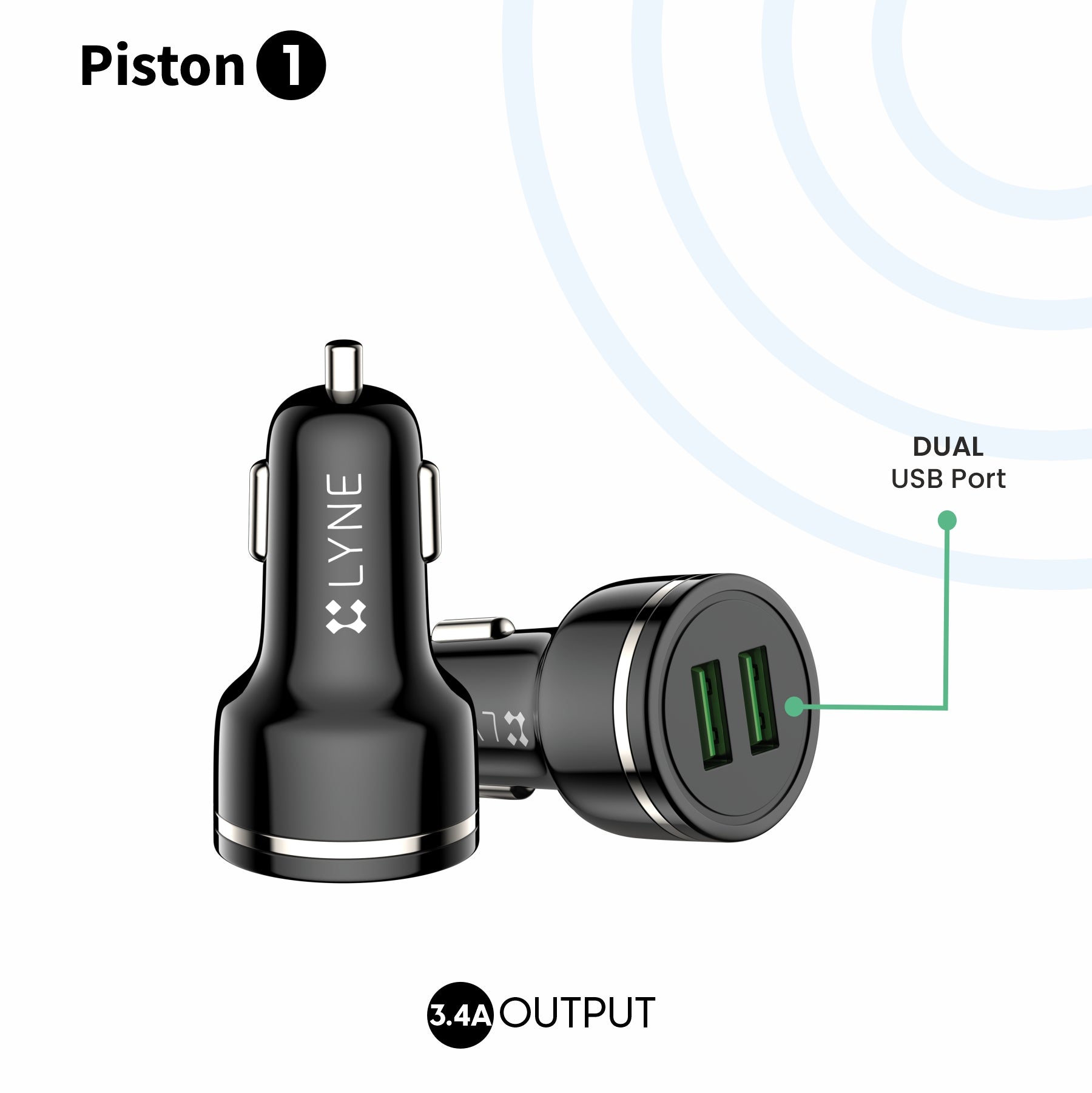LYNE Piston 1 Dual USB Port, 3.4 Amp Output Car Charger