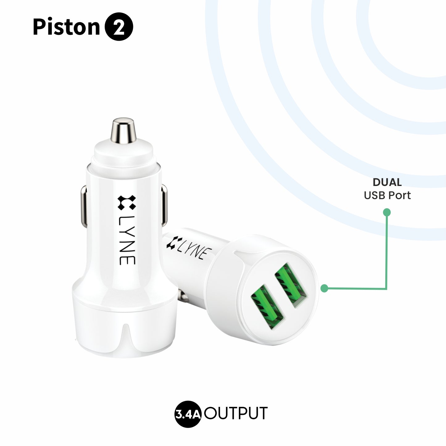 LYNE Piston 2 3.4A Output, Dual USB Port with Cable