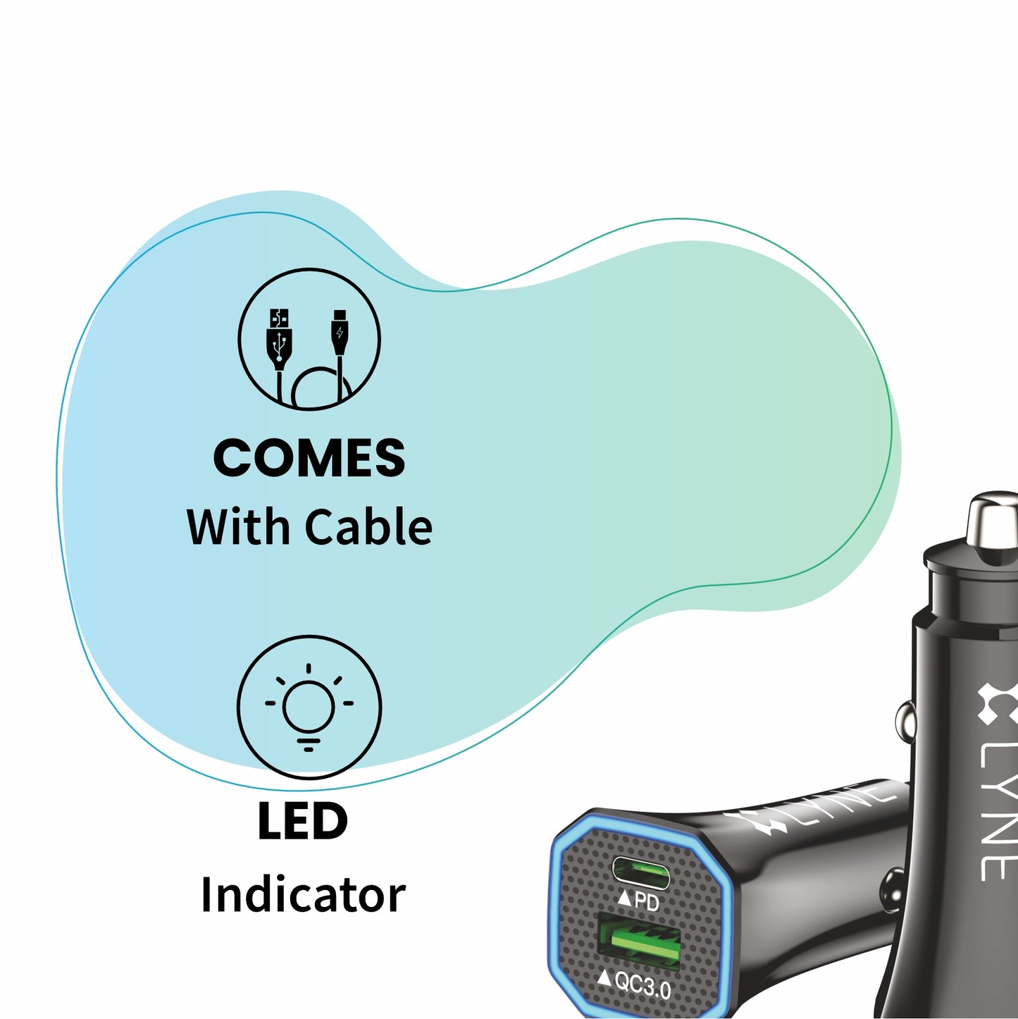 LYNE Piston 3 3A Output, With Cable, PD + QC Port, LED Indicator