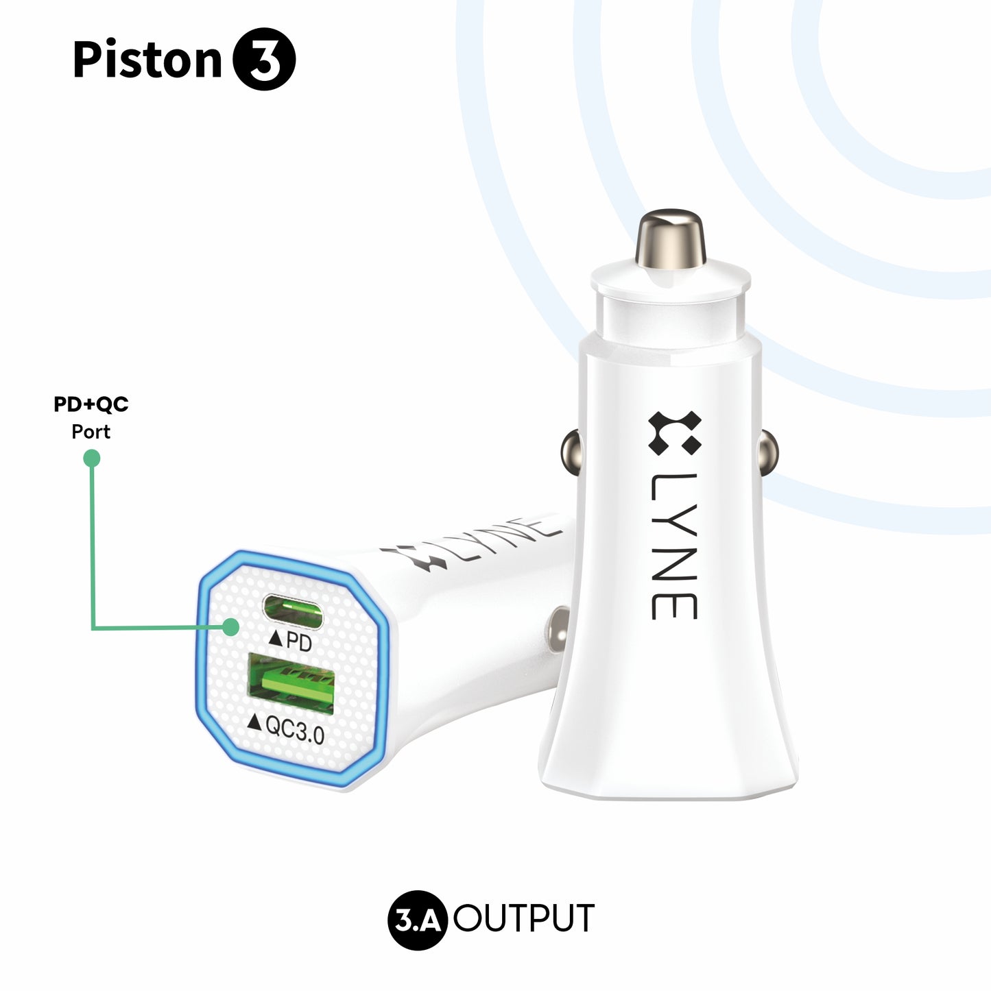 LYNE Piston 3 3A Output, With Cable, PD + QC Port, LED Indicator