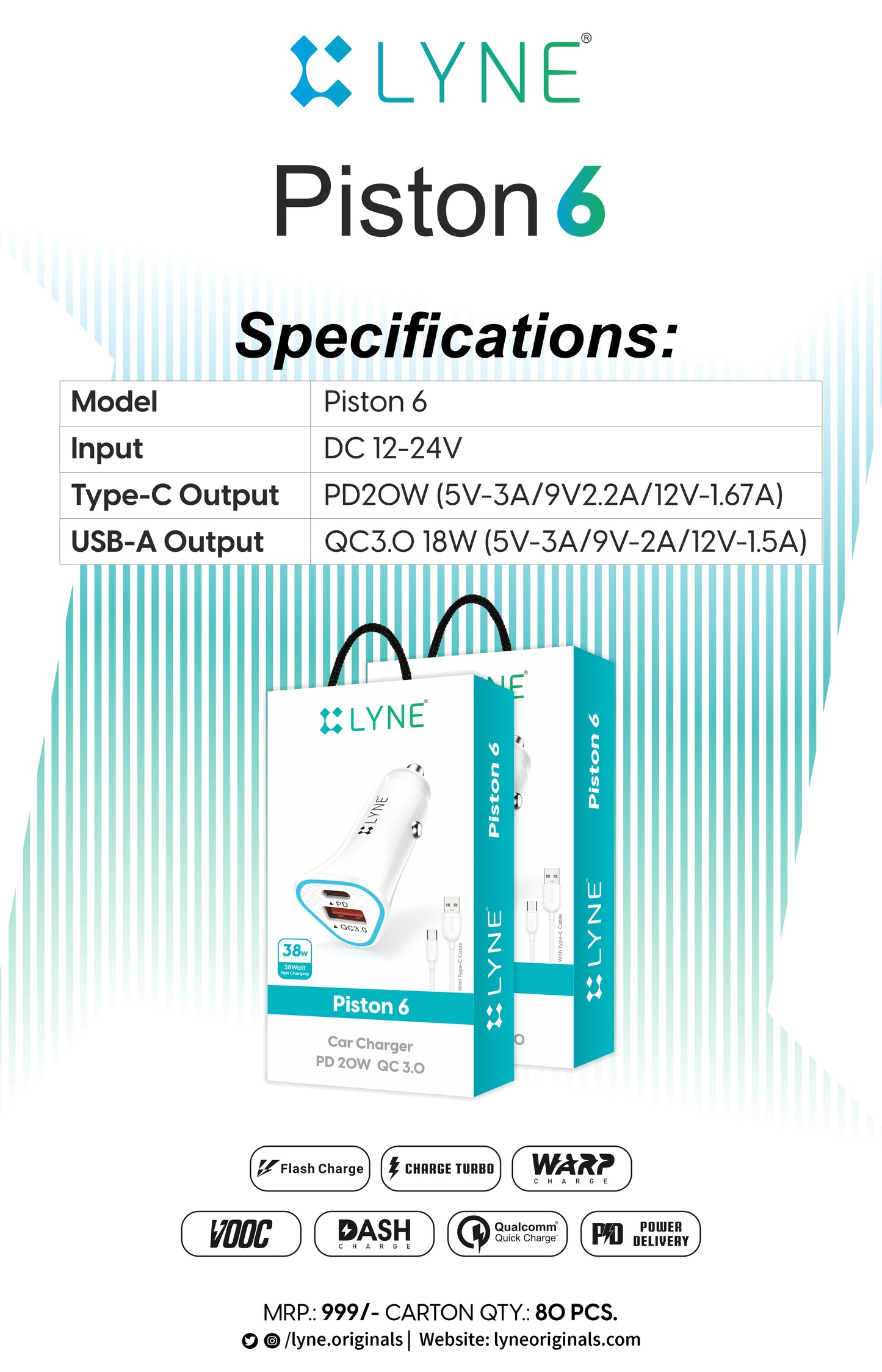 LYNE Piston 6 38W Output, PD + QC Port with Over Power Protection