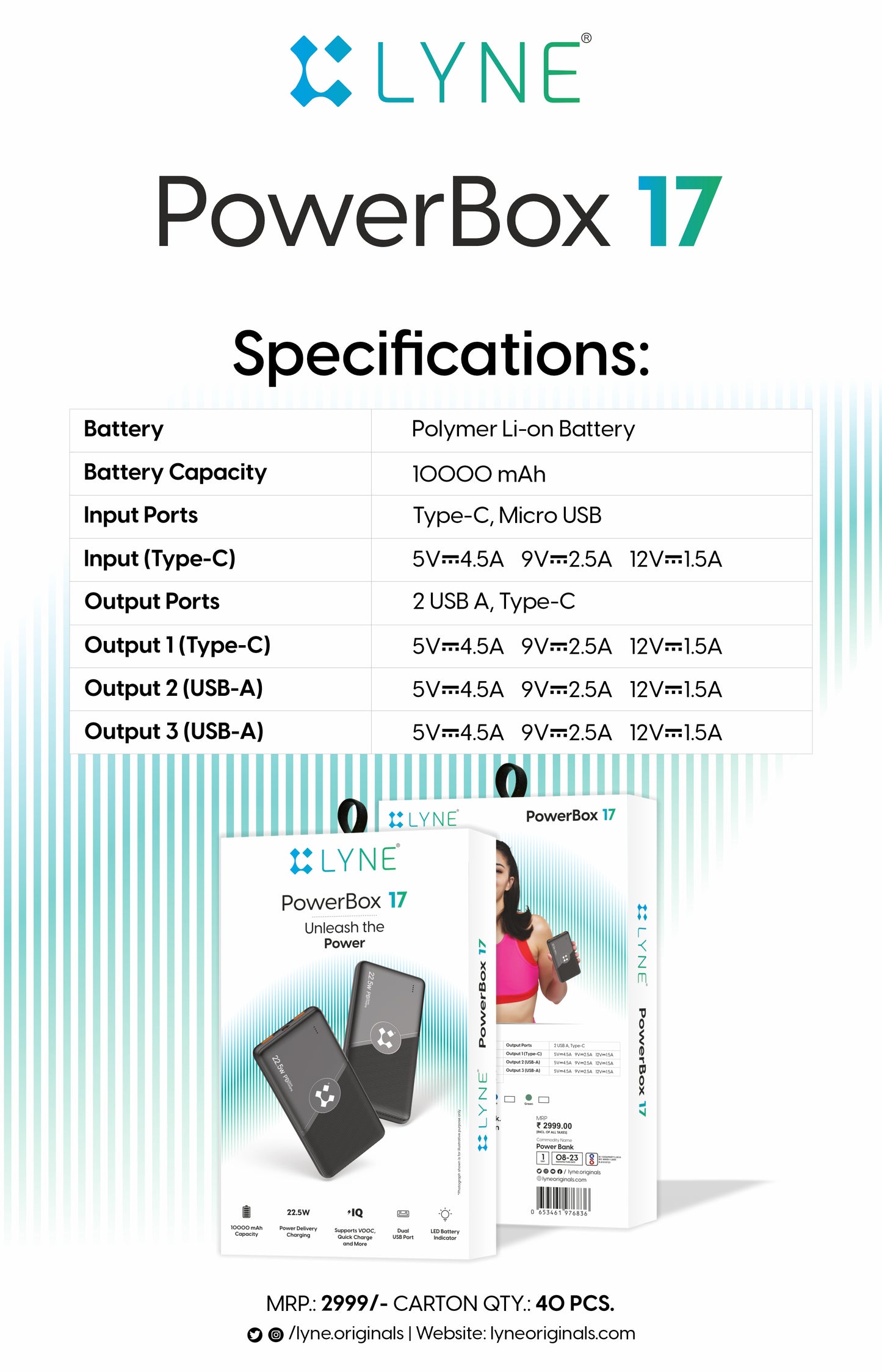 LYNE Powerbox 17 10000 mAh Battery Capacity, 22.5W PD Output, Dual USB Port