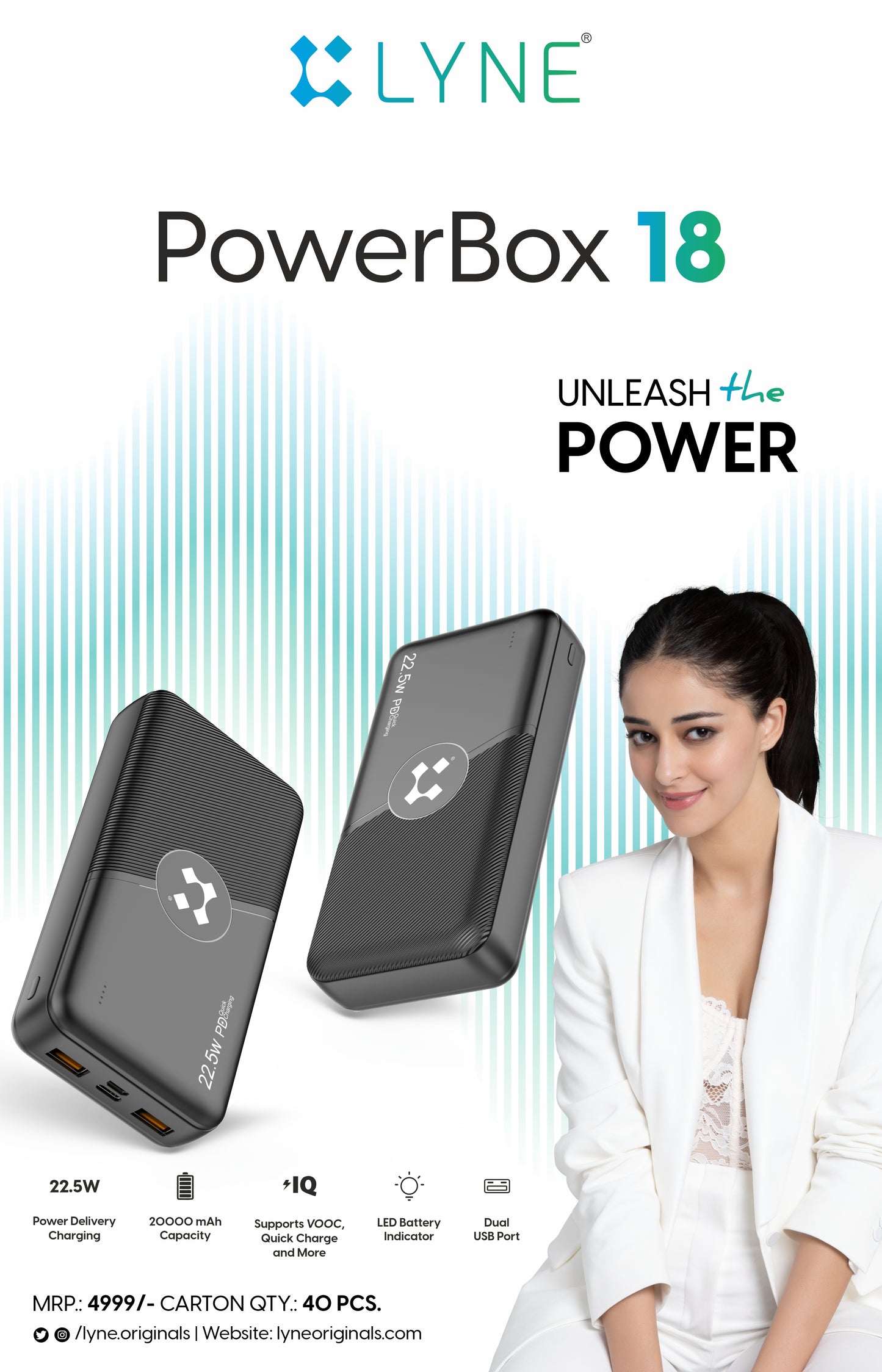 LYNE Powerbox 18 20000 mAh Battery Capacity, 22.5W PD Output, LED Battery Indicator