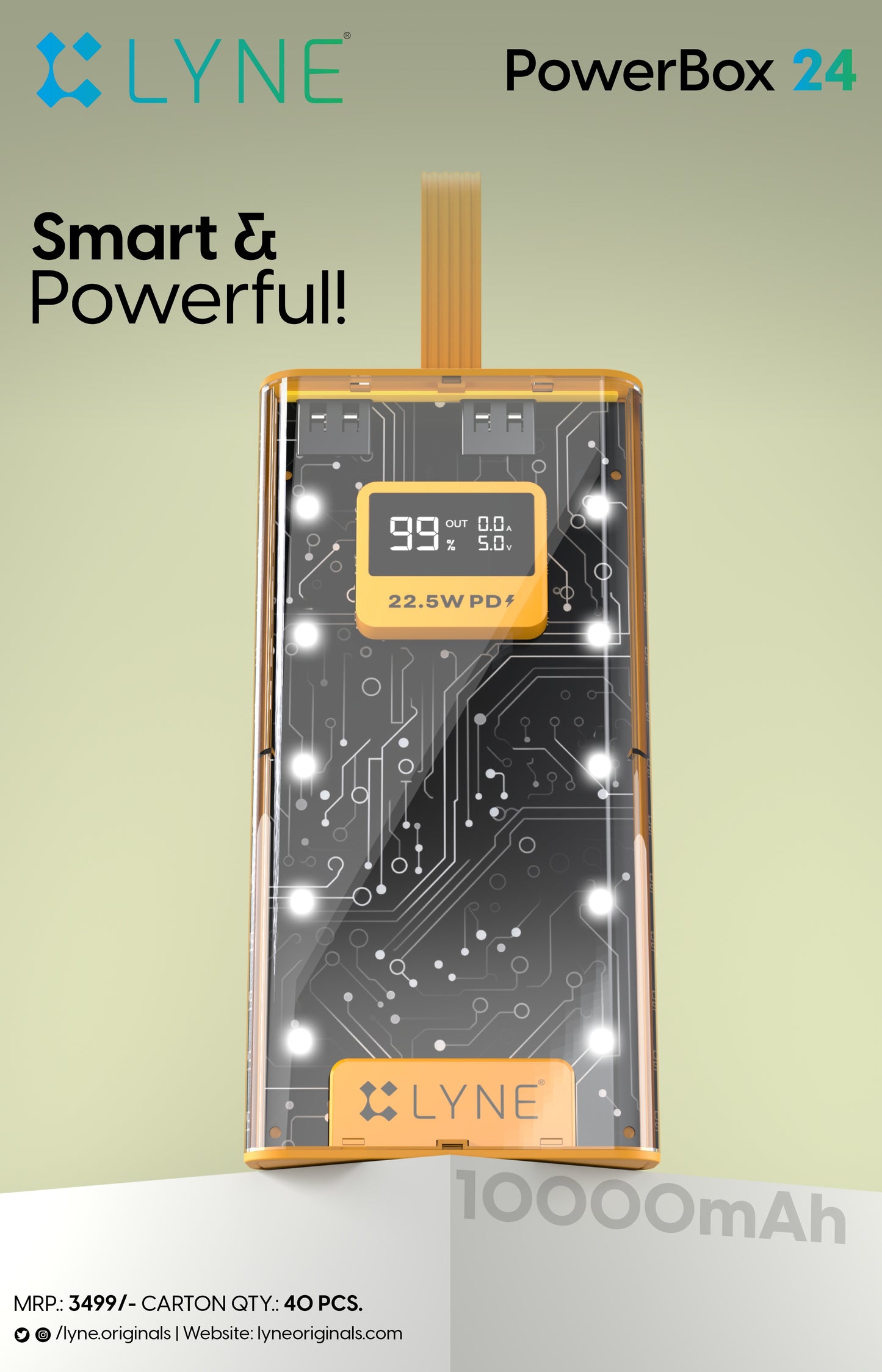 LYNE Powerbox 24 10000 mAh Battery Capacity, 22.5W PD Output with LED Panel