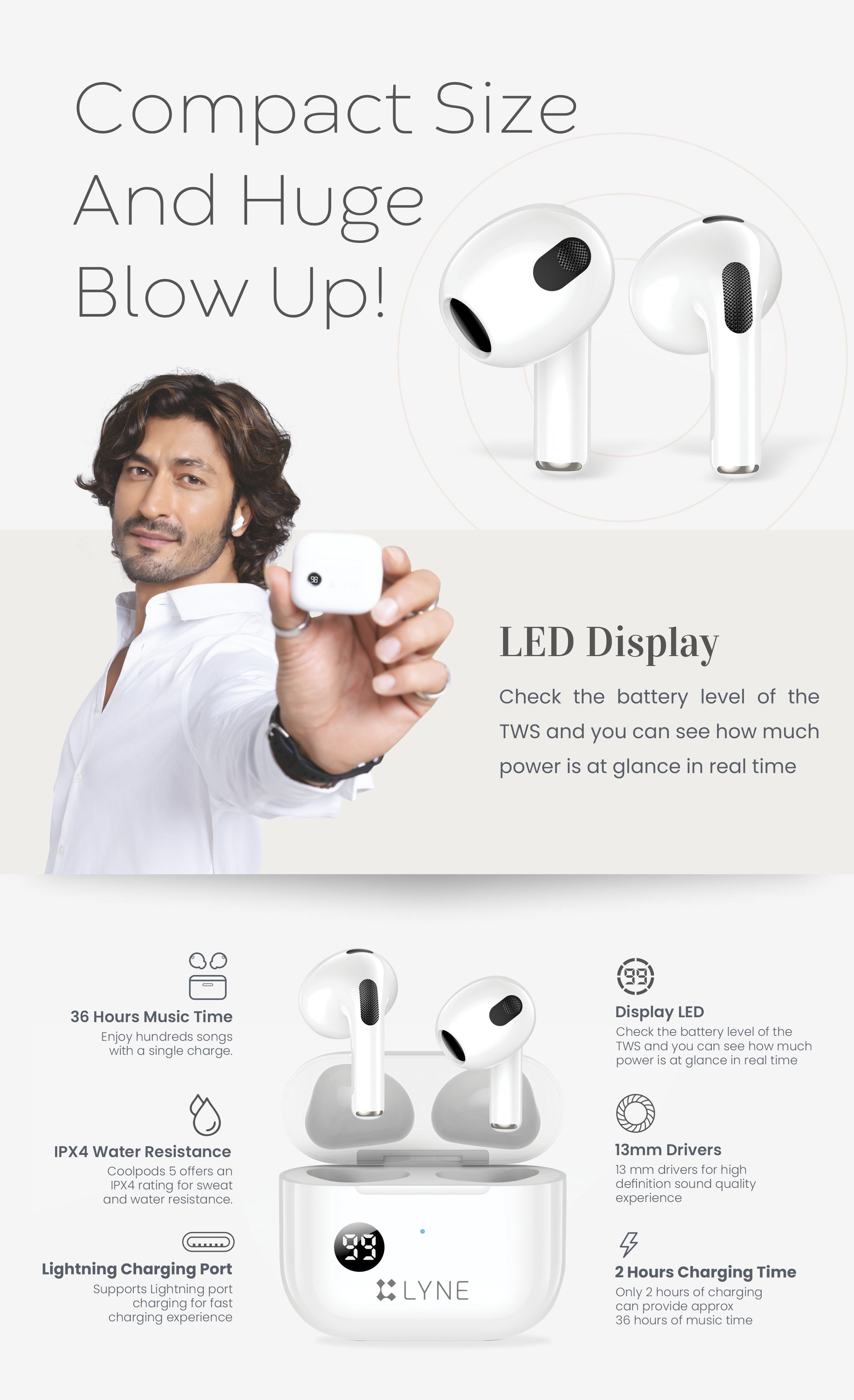 LYNE Coolpods 5 Wireless Earbuds with lPX4 Water Resistance