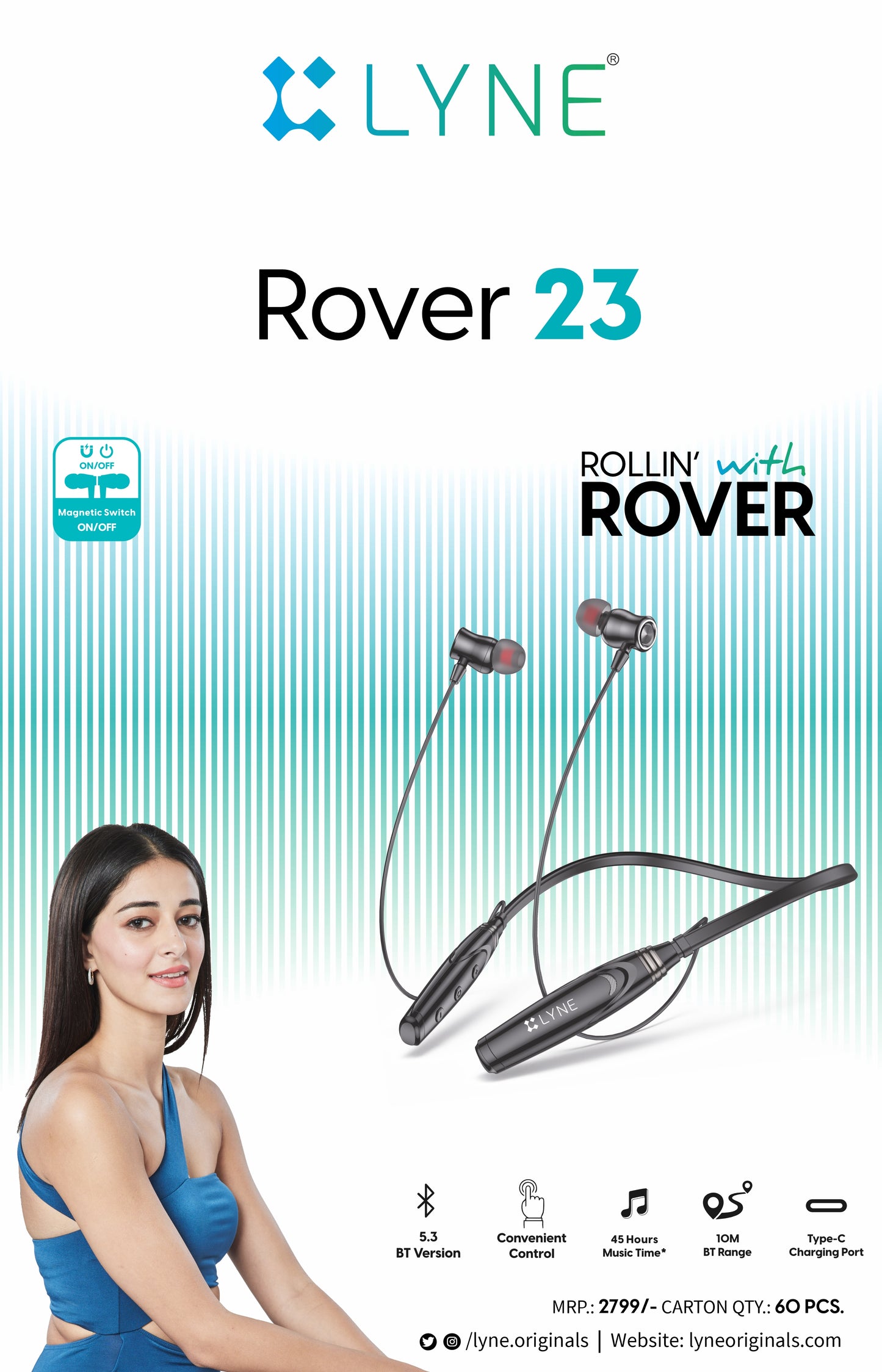 LYNE Rover 23 45 Hours Music Time Bluetooth Neckband with Strong Magnetic Earbuds